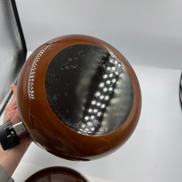 Vtg West Bend Brown Enamelware Scandia Bean Stock Pot W Lid Handles MCM - Picture 5 of 13